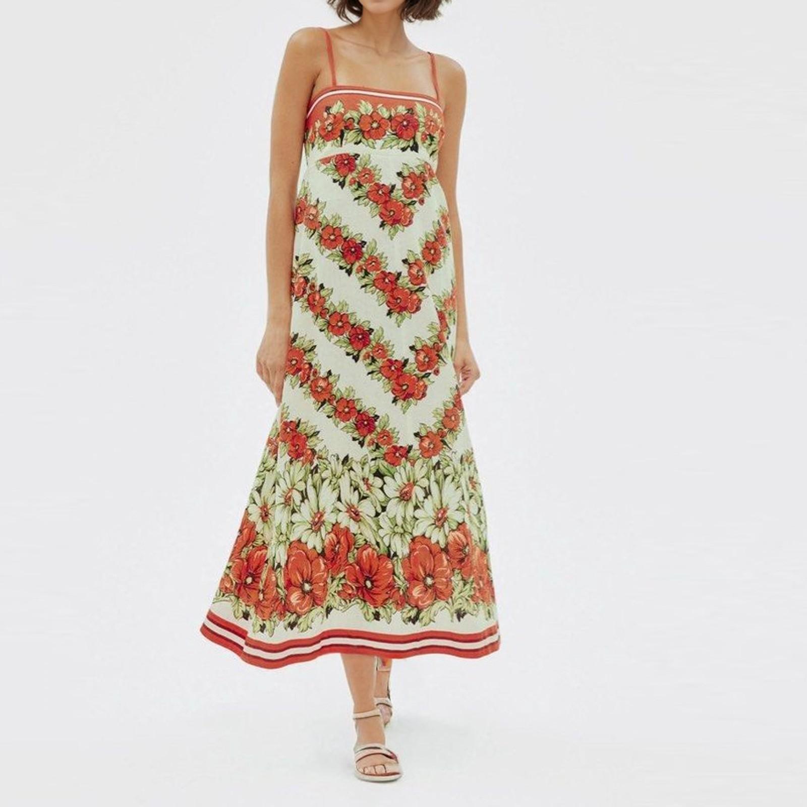 

Летнее женское элегантное платье с принтом на эластичной спинке, стили для отпуска, длинные платья с французским цветочным принтом и бретельками через шею L розовый