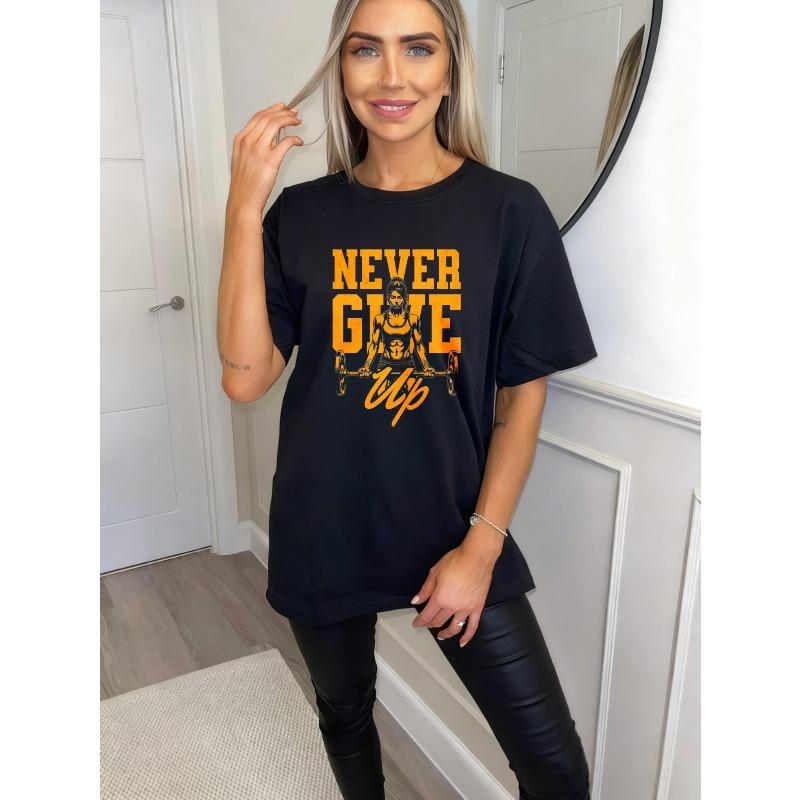 Black Oversized T Shirt Never Give Up Fitness Woman Lifting Barbell Graphic Print Motivational Quote Gym Workout Sport Casual Wear