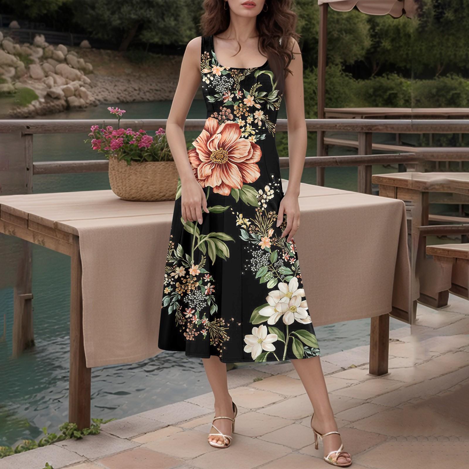 

Женское повседневное модное платье миди с круглым вырезом без рукавов и боковыми карманами L