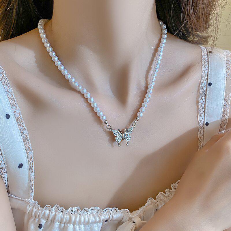 Silver Butterfly Pearl Necklace with Magnetic Detachable Design for Women - Delicate Micro-set Clavicle Chain