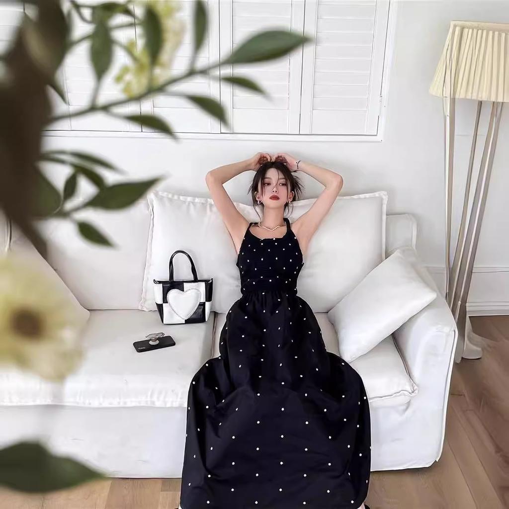 Sanya travel photo clothes women's summer seaside vacation beach dress super fairy polka dot backless suspender dress