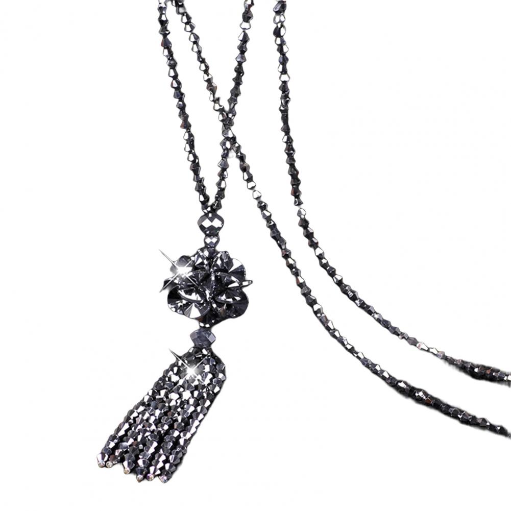 1116 Faux Crystal Necklace Knotted Beaded Long Tassel Shiny All Match Women Long Pendant Sweater Necklace Pendant Necklaces