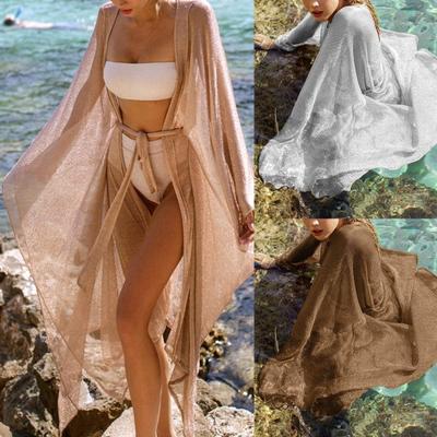 Costum de baie cu mânecă lungă cu protecție solară Cardigan Mesh Sexy Belt Shine Bikini Cover Up