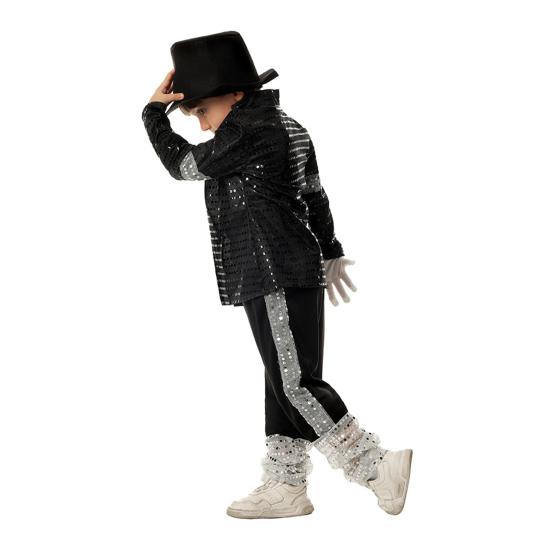 Musician Halloween Costume Set for Kids, Black Sequin Jacket, Trousers, Hat, Gloves, 80s 90s Retro Stage Outfits for Disco Party, Fancy Dress