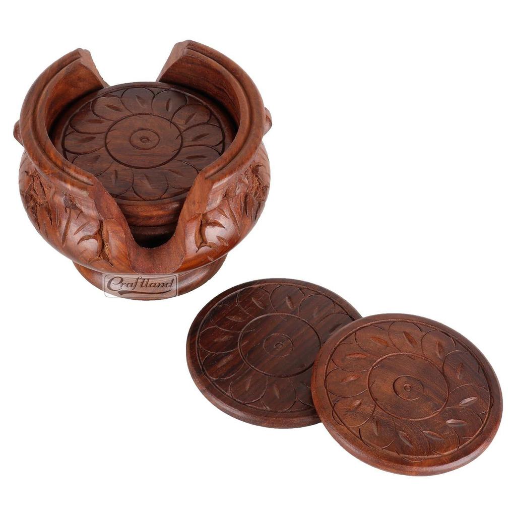 Wooden Handmade Carved Set of 6 with Decorative Holder Tabletop Coasters for Tea Coffee Cups Mugs Beer Cans Bar Glass Indian Handicrafts