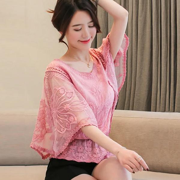 WTEMPO Women's Spring Summer Hollow-out Breathable Shirts Female Retro Elegant Casual Loose Thin Lace Patchwork Tops