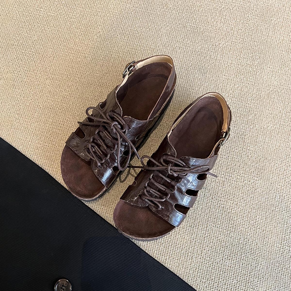 

Soft leather version~ New hollow lace-up leather Roman shoes for women to wear retro round head versatile thick-soled beach sandals 35