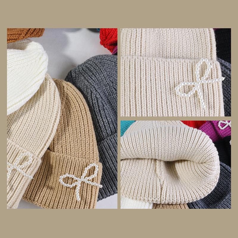 Bow Tie Knitting Cap Hat Woolen Yarn Cuff Knit Beanie Casual Fleece Warm Knitted Hat