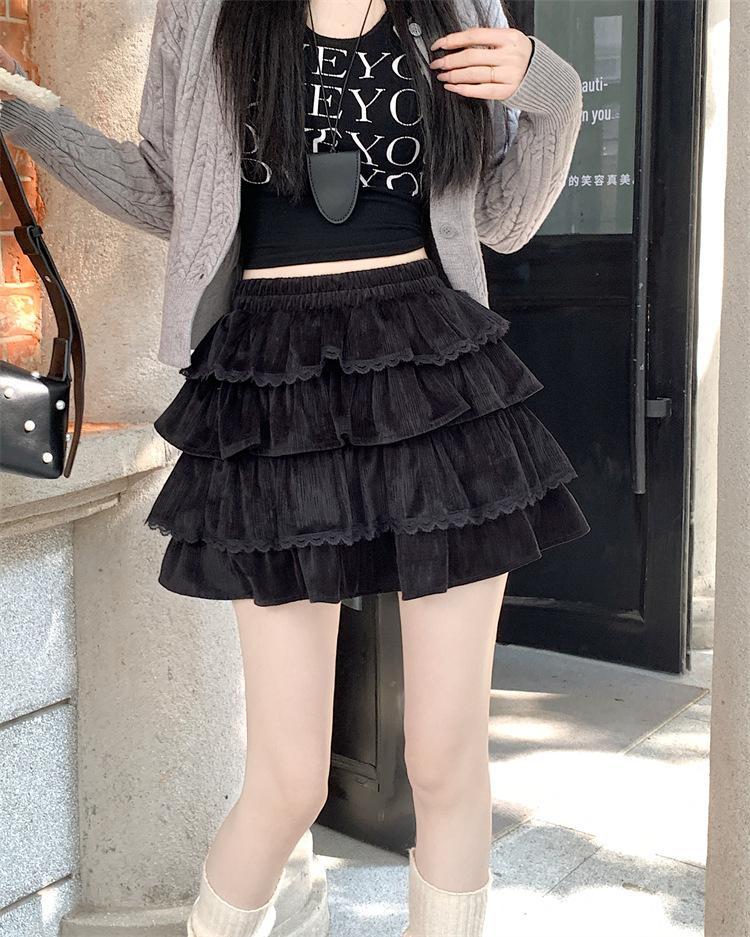 

Сладкая кружевная юбка-пачка в балетном стиле женская осенне-зимняя с высокой талией маленькая пышная юбка XL чёрный