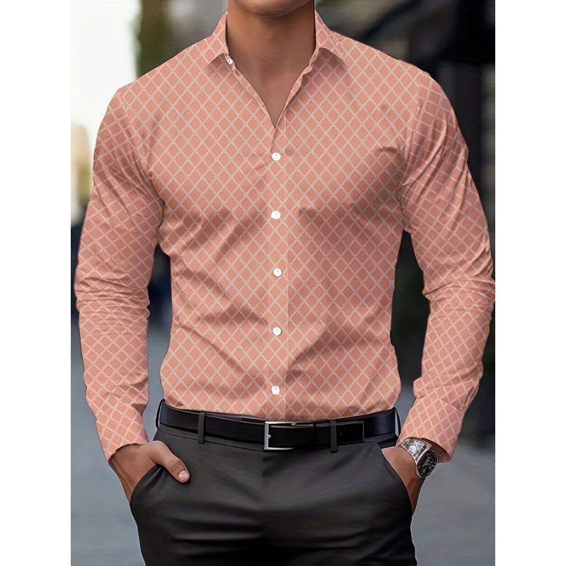 Men's Geometric Pattern Print Lapel Collar Design Dress Shirts, Long Sleeve shirt Casual Button Up Shirt For Formal Occasions