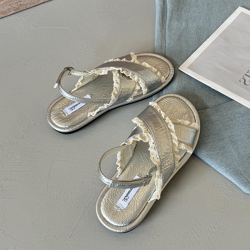 

Niche design sense lace lace toe sandals women s 2025 new fashion versatile skirt one-word slippers 40 серебряный