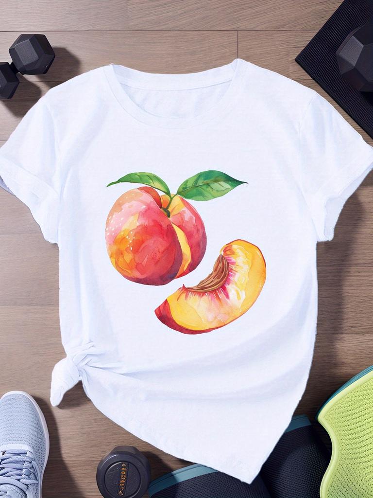 Fresh Peach Print T-shirt Casual Short Sleeved Round Neck Top Comfortable Daily Fashion Women's Summer Plus Size Casual Clothing