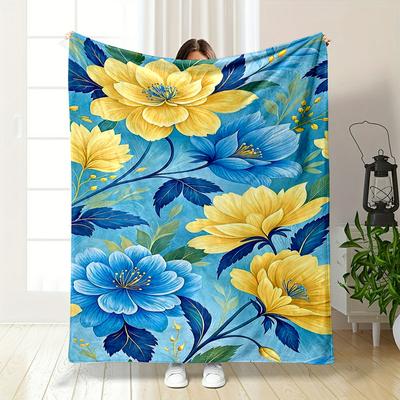 Yellow and Blue Floral Pattern Flannel Blanket for Bedroom Living Room Sofa and Nap