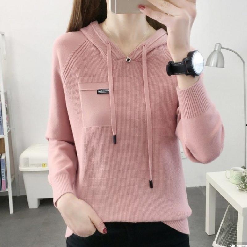 Herbst Pullover Pullover Neu Dünne Strickware Kapuzenpullover Locker Langarm Uni Pullover Pullover Mantel Untermantel Damen Oberteil