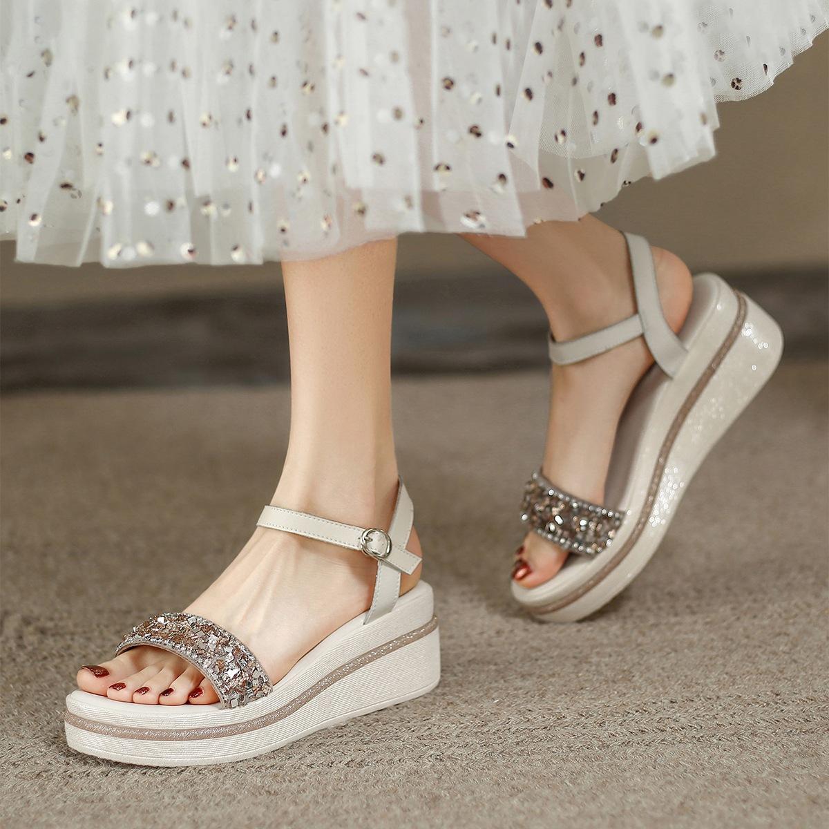 

Wedge Heel Wear-resistant, Comfortable and Fashionable Ladies Summer Rhinestone Thick-soled Sandals 34 білий