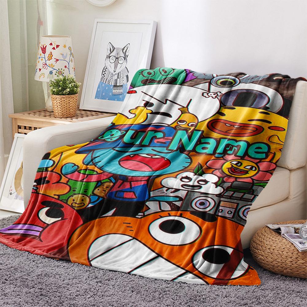 1PC Cartoon Characters Collage Custom Name Patterned Flannel Blanket Suitable For All Seasons For Home Decor Warmth And Comfort Gifts Holiday Present