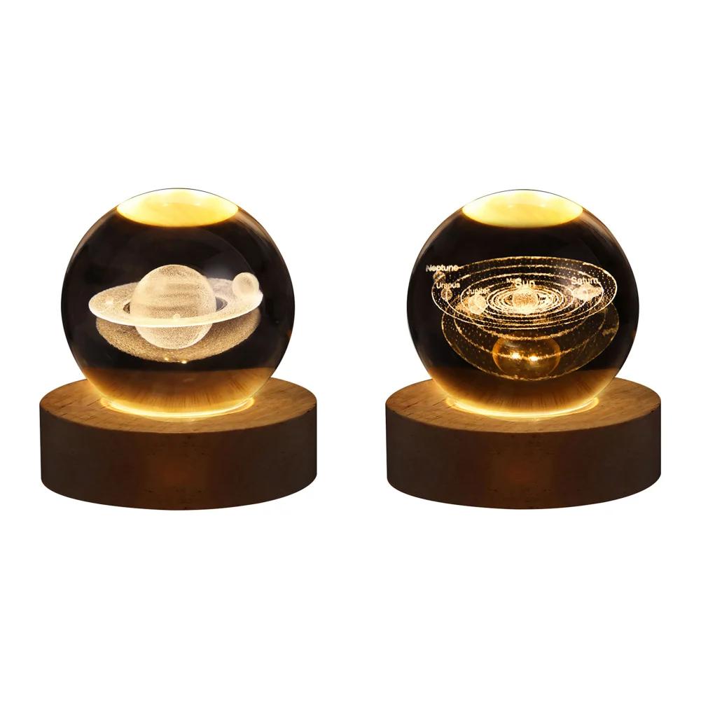 LED Crystal Ball Lamp Milky Way System Crystal Ball Glowing Solar System Crystal Ball with Wooden Base Glass Planet Nightlight