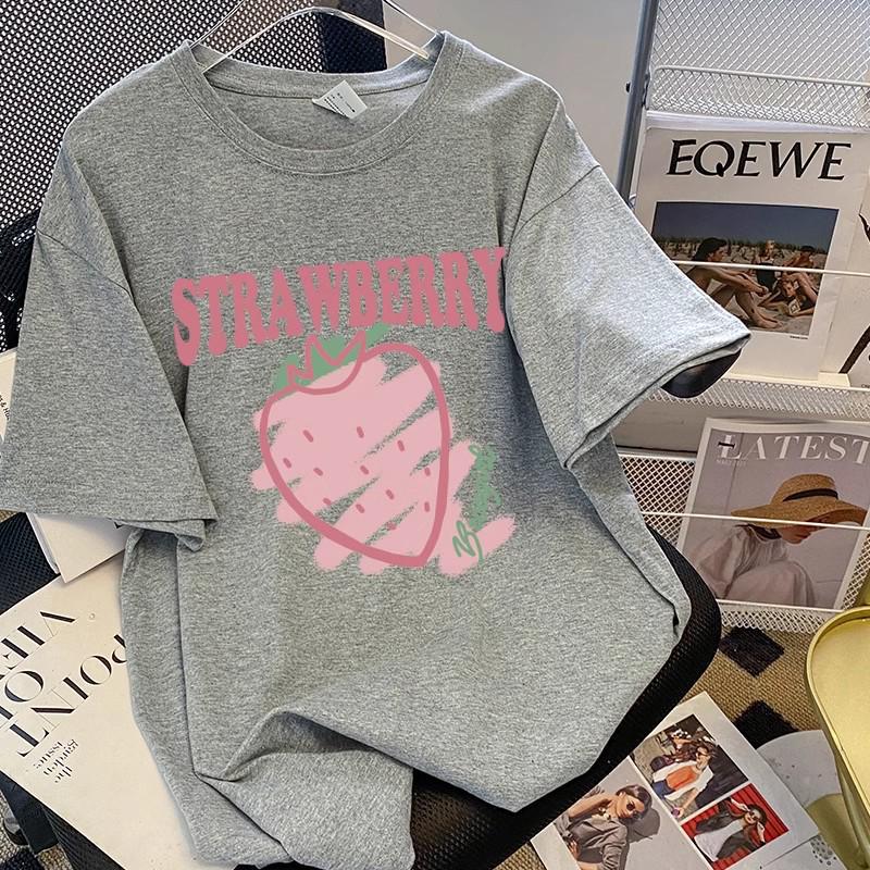 Women's Summer Strawberry Print Round Neck Short-Sleeve Plus Size Casual T-Shirt