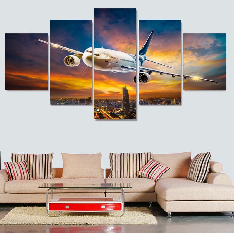 Modern 5 Pieces Airplane Poster Canvas Painting Landscape Sunset Backlight Lawn Wall Art Pictures for Living Room Decor No Frame