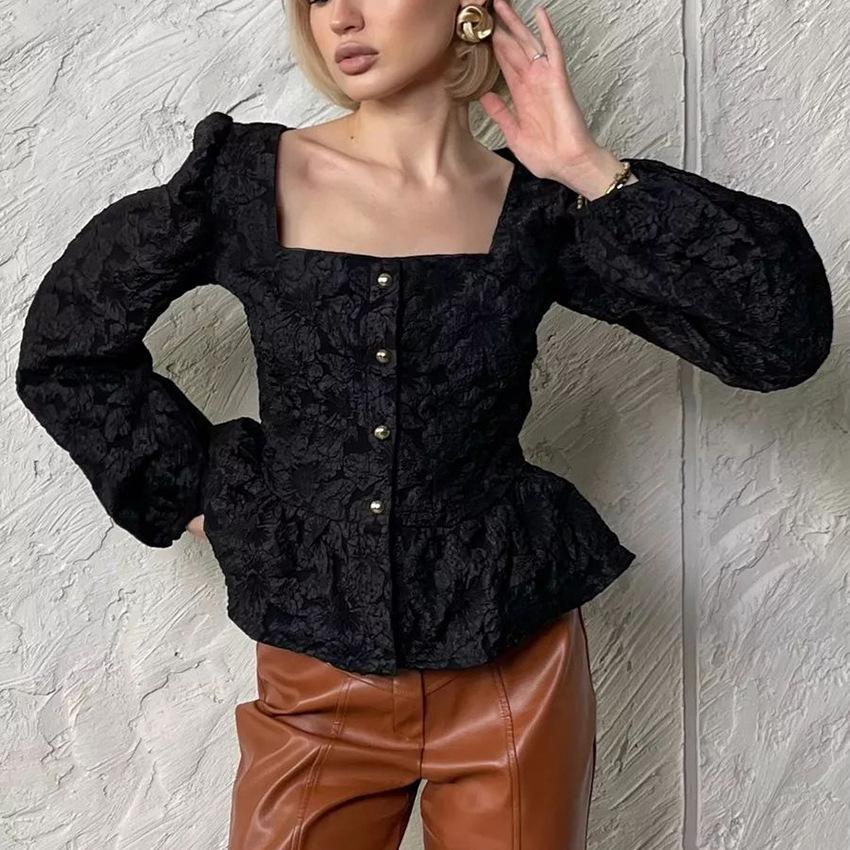 Fashion Women Shirt New Ladies Square-Neck Puff-Sleeve Women Blouse, Spring Girls Clothing