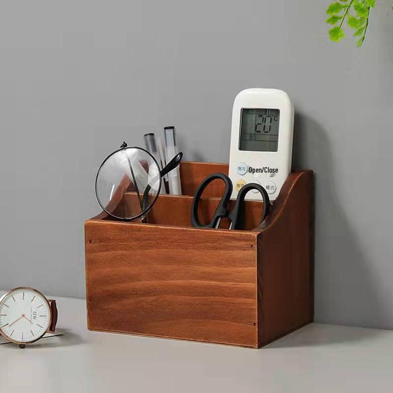 In-Stock Wooden Desktop Storage Box: Two-Compartment Pen Holder & Remote Control Organizer for Office or Living Room.