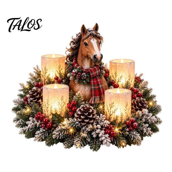 Holiday Resin Ornaments Lighted Highland Cow Christmas Table Centerpiece, Flickering LED Flameless Candles, Frosted Red Berry Seasonal Accents