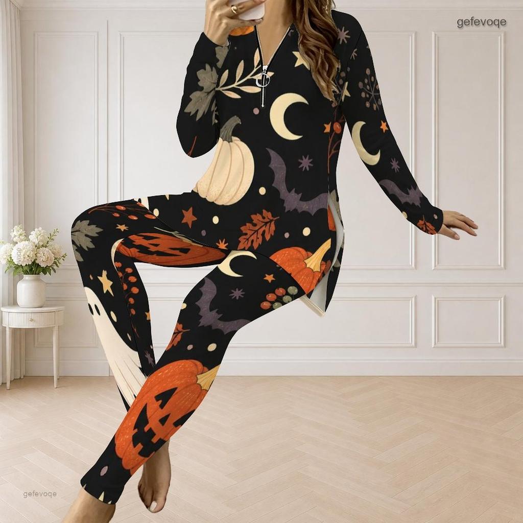 Women Plus Size Halloween Printed Half Zip Long Sleeve Longline Top And Fitted Pants Two Piece Set