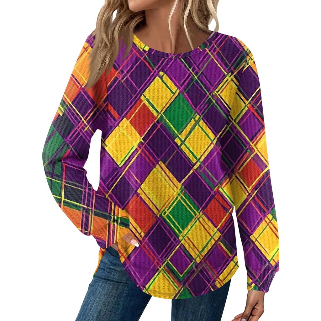 Women's Fashion  Loose Long Sleeve Carnival Print  Round Neck Casual Top