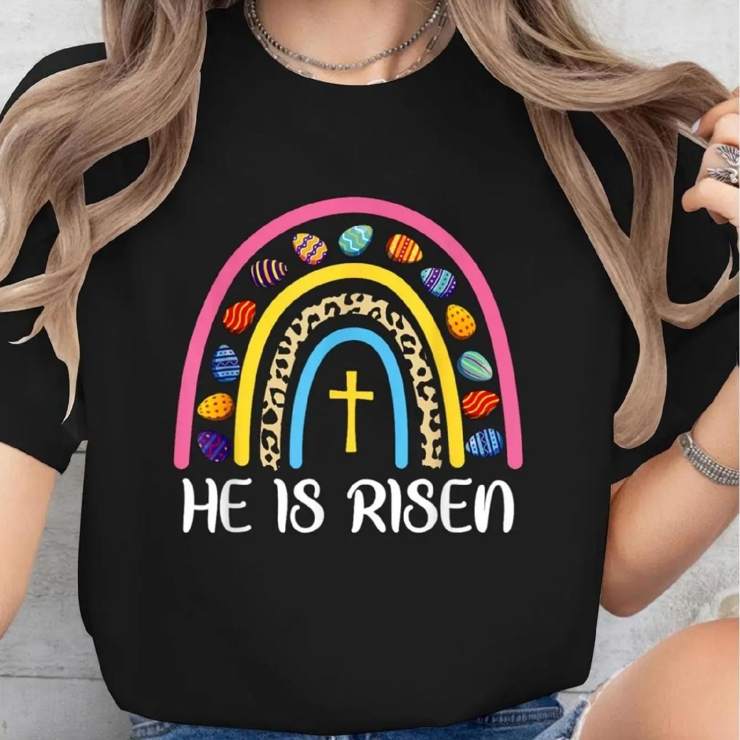 

Women s He Is Easter T-Shirt - Black Tee with Colorful Rainbow and Cross Design, Casual Crew Neck, Short Sleeve, hine Wa XXXXXL різнокольоровий