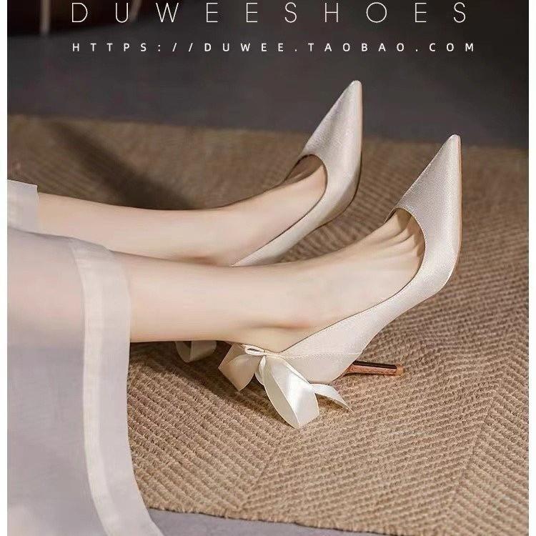 Fashion Women White Stiletto Wedding Shoes Bow Elegant Fashion Pointed Designer High Heels Women High Quality Banquet High Heels Tacones