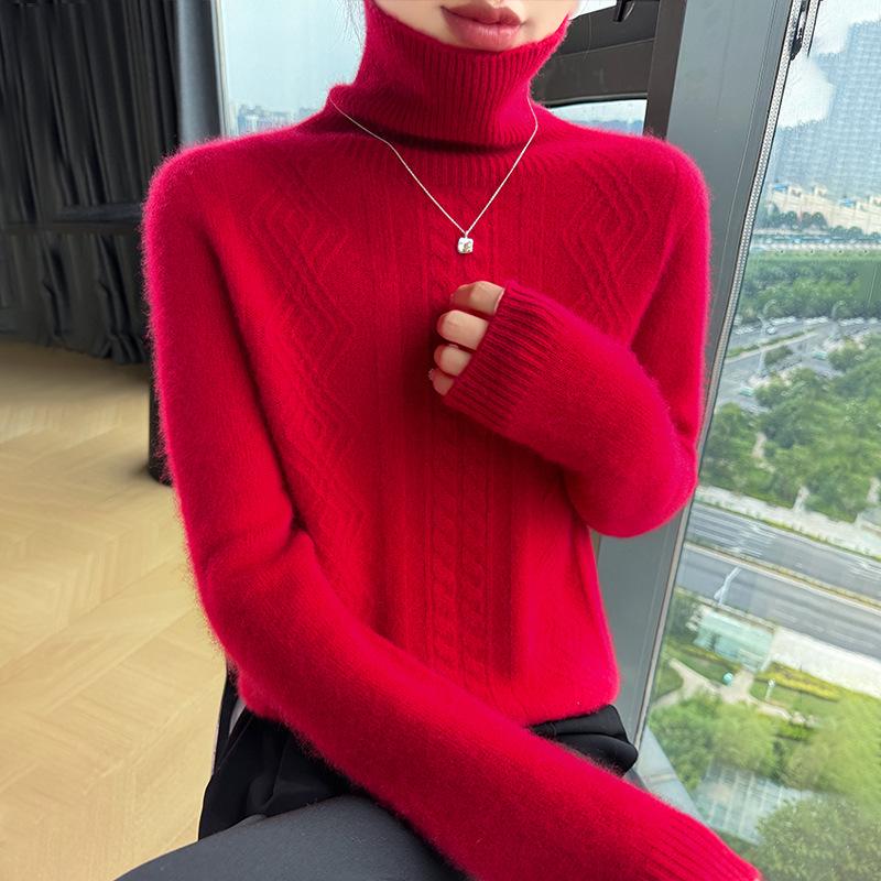 Women's High Neck Cable Knit Wool Sweater - Slimming Long Sleeve Cashmere Top