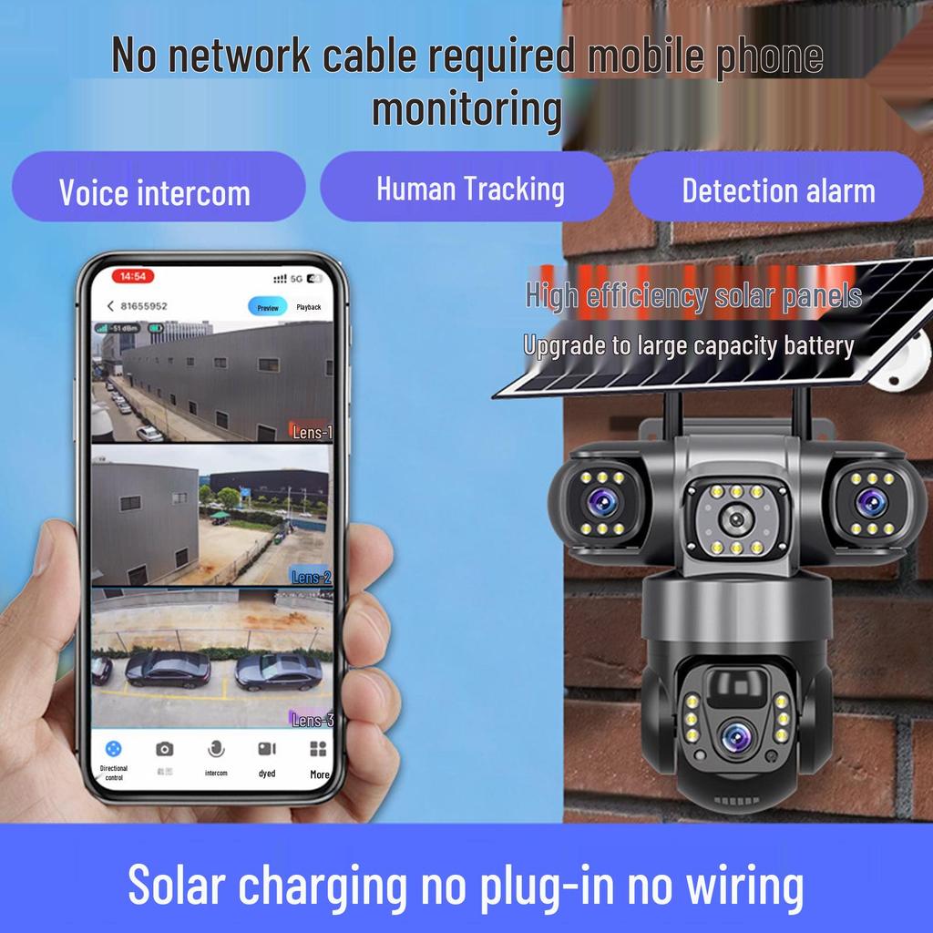 V380 Solar 4G Wireless HD Night Vision WiFi PTZ Battery Camera with Three Lenses