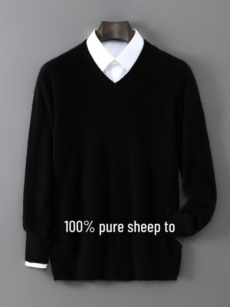 Men’s Pure Wool V-neck Pullover - Casual Loose Knitwear for Autumn/Winter