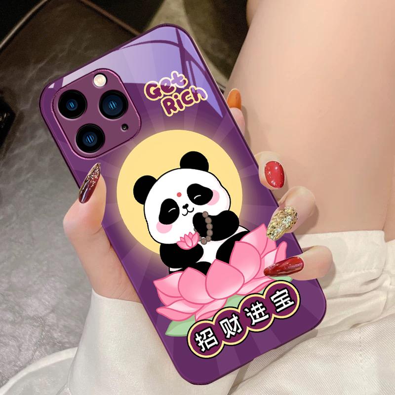 Sitting Lotus Panda For IPhone 16 Pro Max 15 Pro 14 13 12 Mini 11 XS Max XR 7 8 Plu SE 2022 Tempered Glass Phone Case