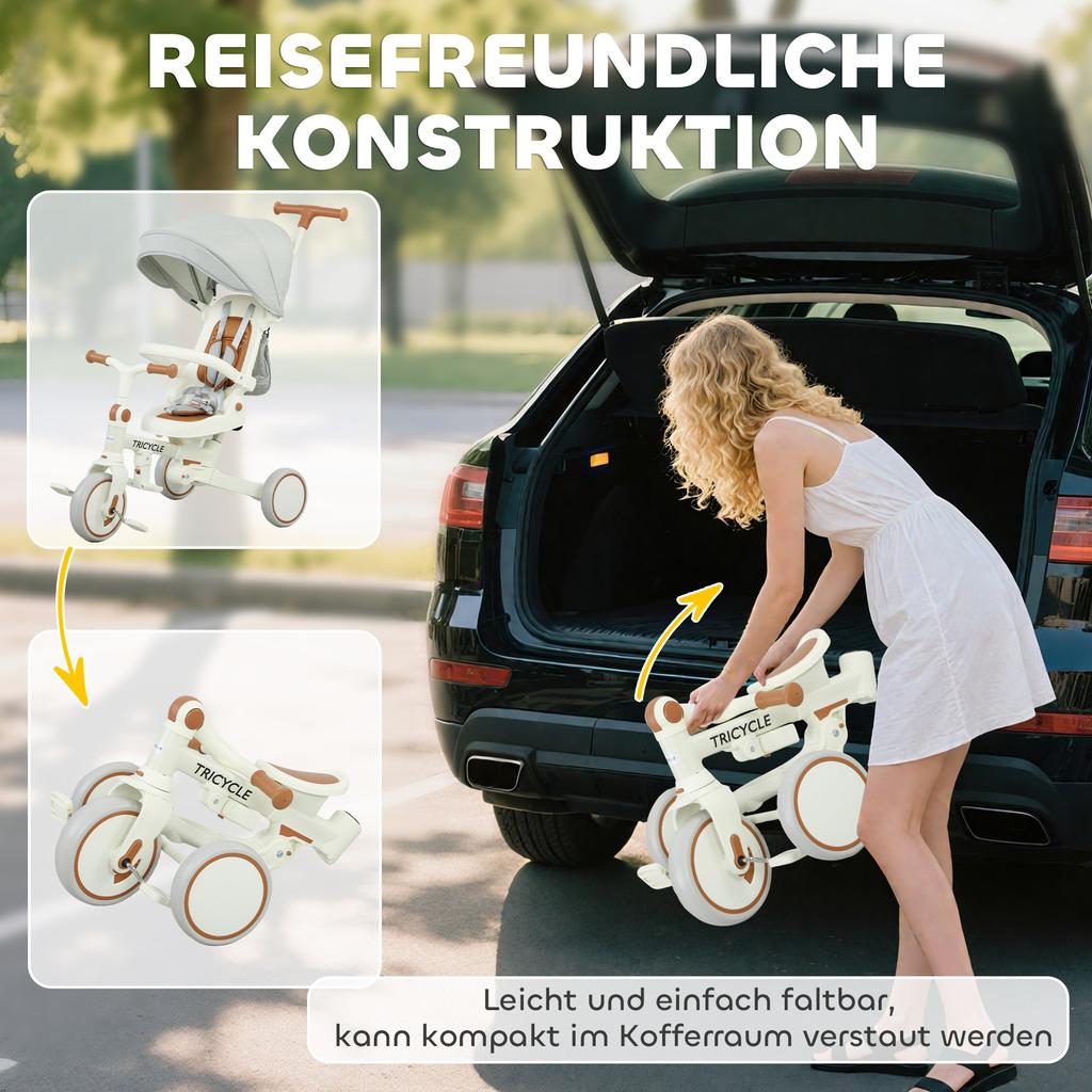 Children's Tricycle, Convertible Baby Buggy, 5-in-1, Push Handle, 1-3 Years, Cream White