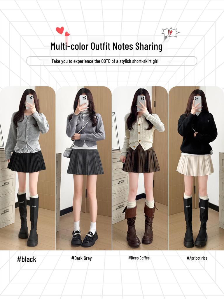 2026 New Petite Women's Grey Woolen A-line Pleated Short Skirt - Fluffy & Slimming Spring Style