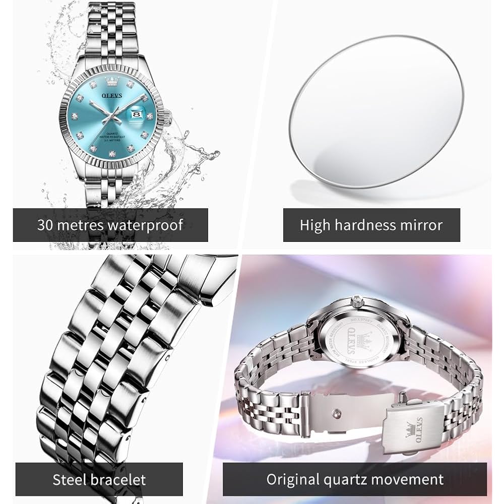 OLEVS Women's Fashion Dress Watch Analog Quartz Waterproof Stainless Steel Two-Tone Silver Strap Blue Dial