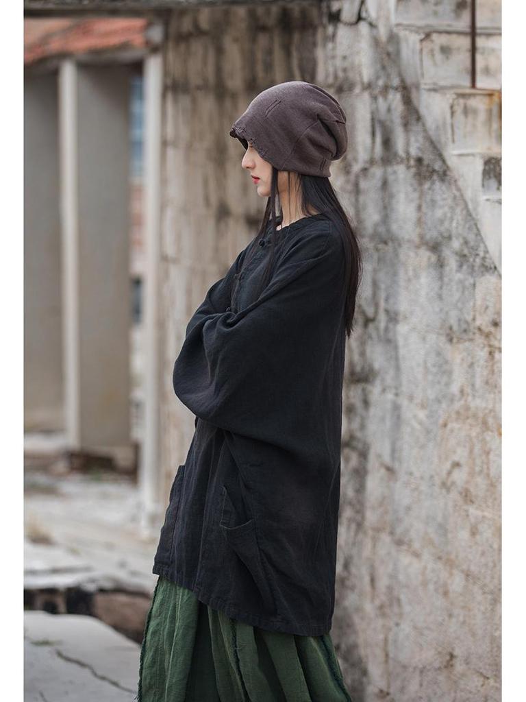 Ramie Cotton Sand-Washed Distressed Women’s Frog Button Top Jacket - Autumn/Winter Chinese Style