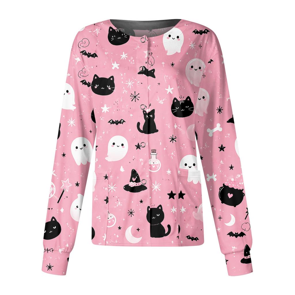Women's Halloween Print Casual Long Sleeve Single Breasted Caregiver Cardigan Top Lightweight Comfortable Fit