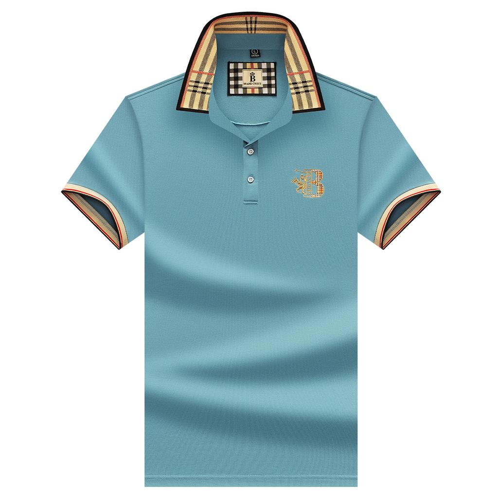 Summer Men'S Plaid Polo Shirt With A Turn-Down Collar Loose Fit Large Size Business Casual Dad-Style Short-Sleeve T-Shirt