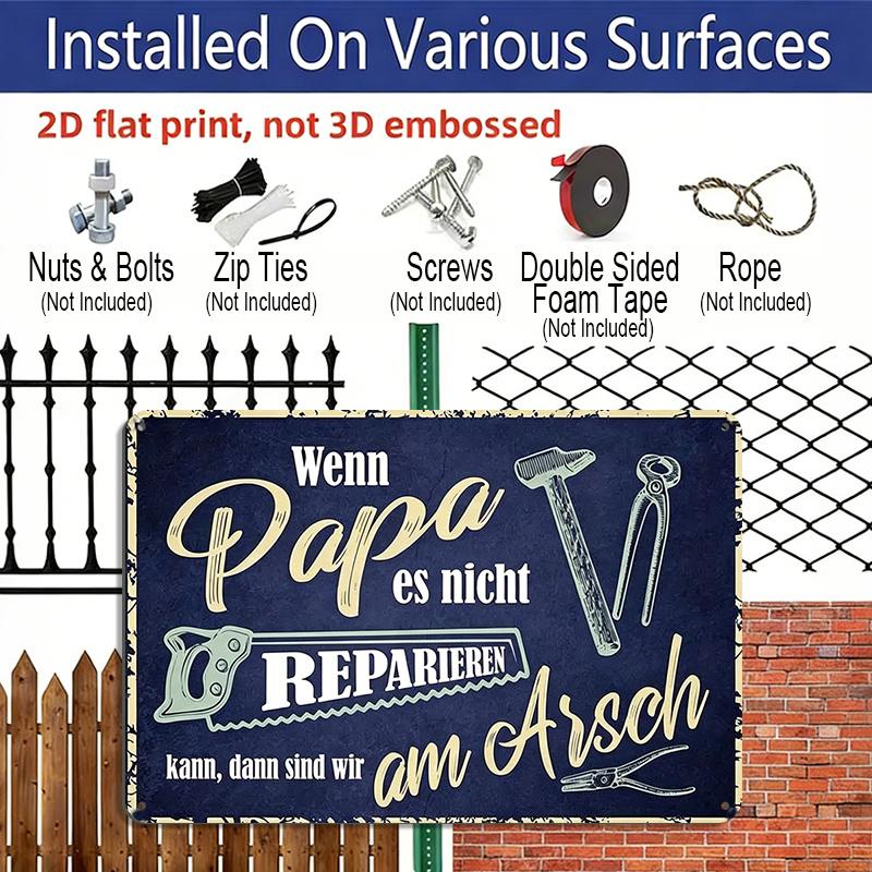 2D Flat Vintage "Papa Can't Fix It" Metal Sign - Rustic Dad's Workshop Decor, Aluminum Wall Hanging for Garage, Bedroom, or For Man Cave - Unique