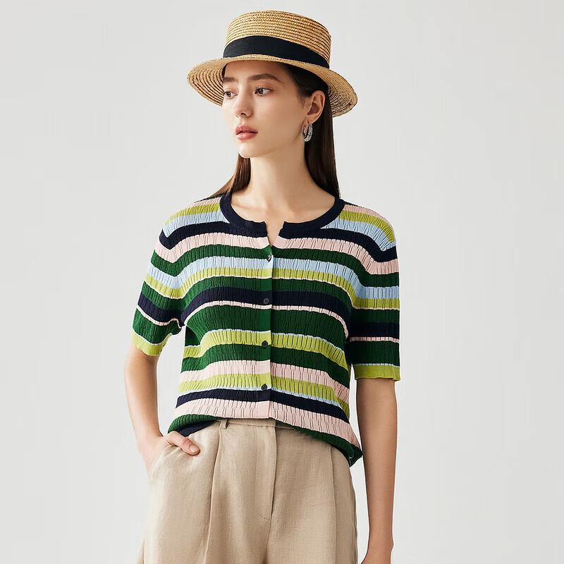 Zhaojun Women's Silk Blend Striped Round Neck Knit Top
