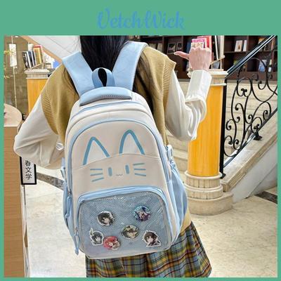 Cat Pattern Student Backpack With Transparent Compartment And Badge For Daily Use