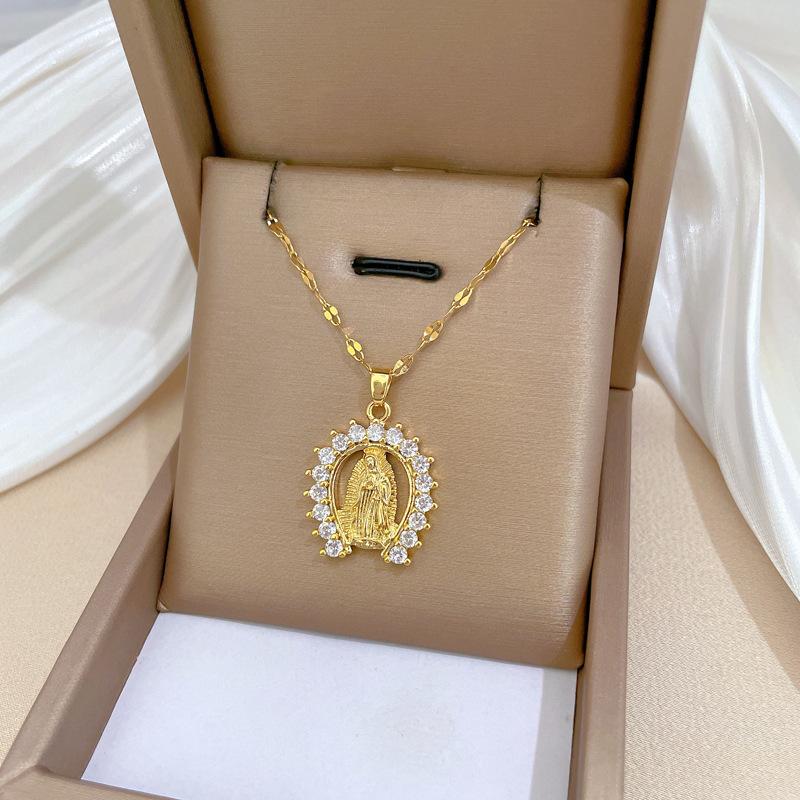 Stainless Steel Chain Classic Luxury Zircon Virgin Mary Pendant Necklace for Women Men Fashion Cool Jewelry Accessories Gifts