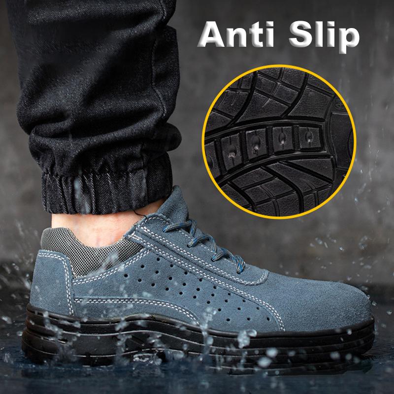 Oulylan Male Breathable Cowhide Safety Shoes Welder Anti-Smash Work Footwear Men Wear Resistant Shoe Steel Toe Security Sneakers