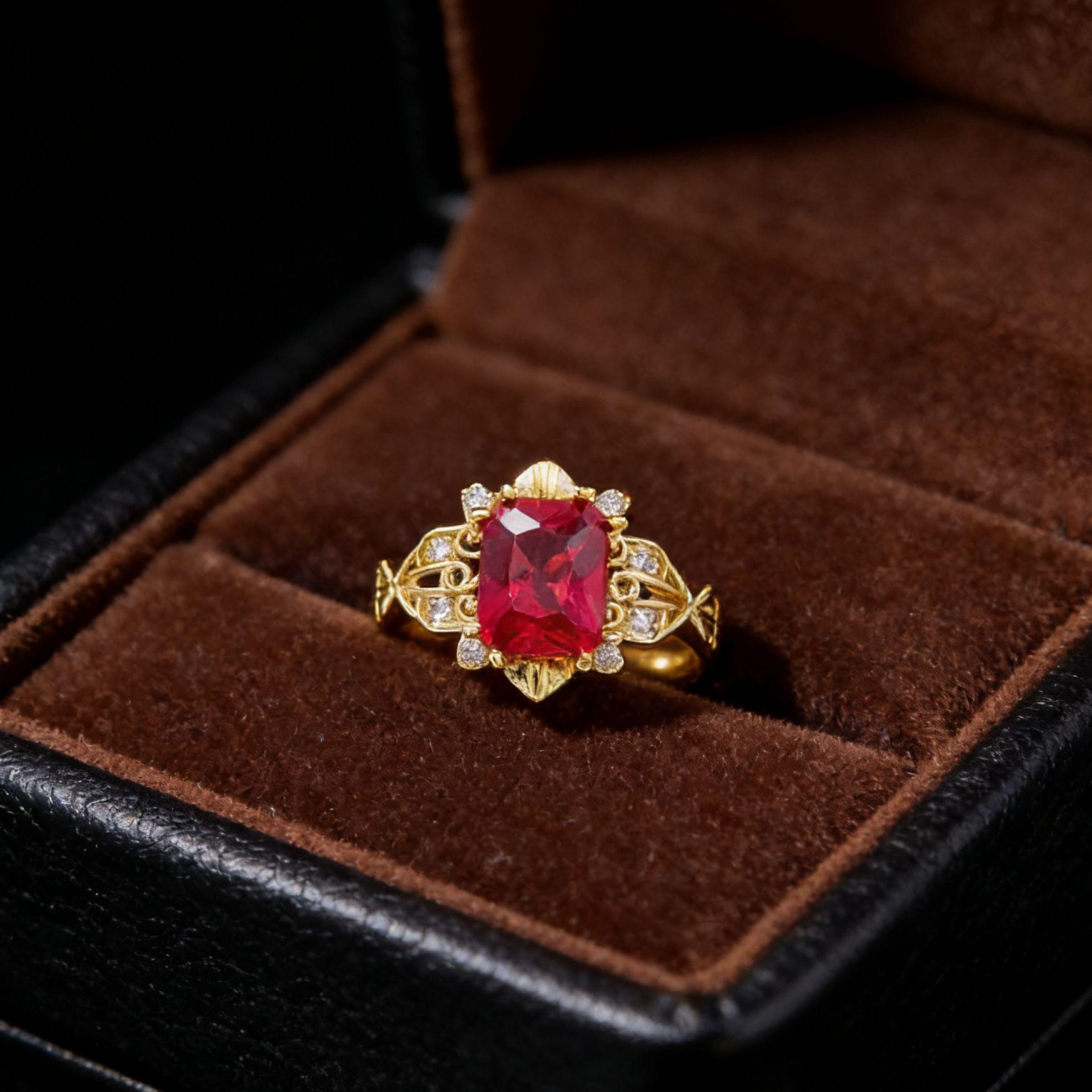 Ruby Rectangle Open Ring: Gold-Plated, Simulated 7x9 Inlaid Red Corundum Jewelry. Adjustable Open
