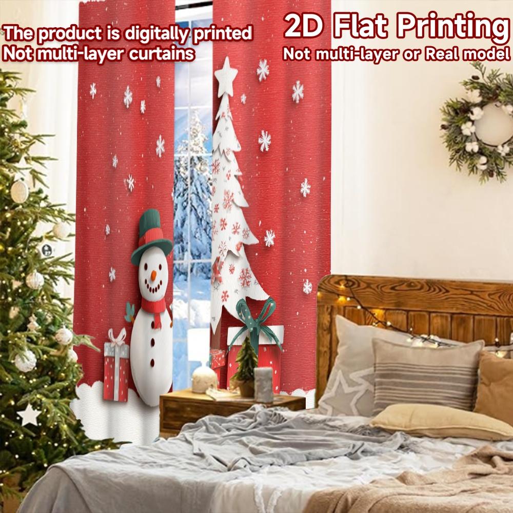 2pcs, 2D FLAT PRINTING Curtains (Without Rod) Snowy Festivity Christmas Holiday Curtains Semi-Sheer Curtains Versatile All
