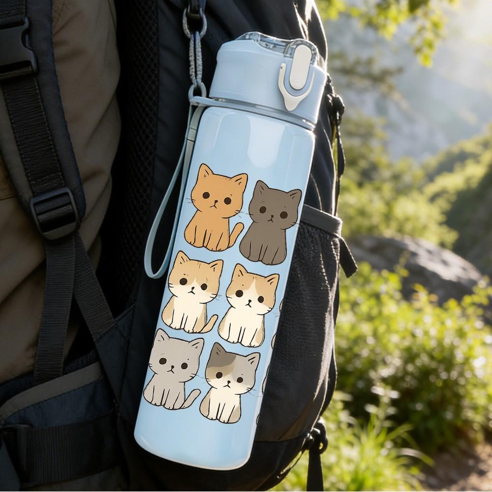 1PC Stacked Grey Cat Column Repeat 750ml Color Plastic Sports Water Bottle Leakproof Flip Straw Lid Suitable for Sports Office Home Use