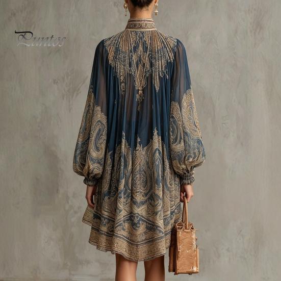 Bohemian Dress Boho Floral Print High Neck Irregular Chiffon Mini for Women, Retro Style Long Sleeve Flowy Party Cocktail Dress, Summer Beach Vacation