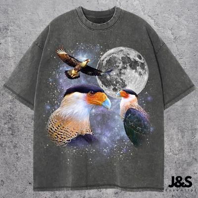 Three Crested Caracara Retro Graphic T-shirts, Vintage Caracara Moon Tshirt, Bird Lovers Tee, Funny Bird Shirt, Oversized Washed Tee